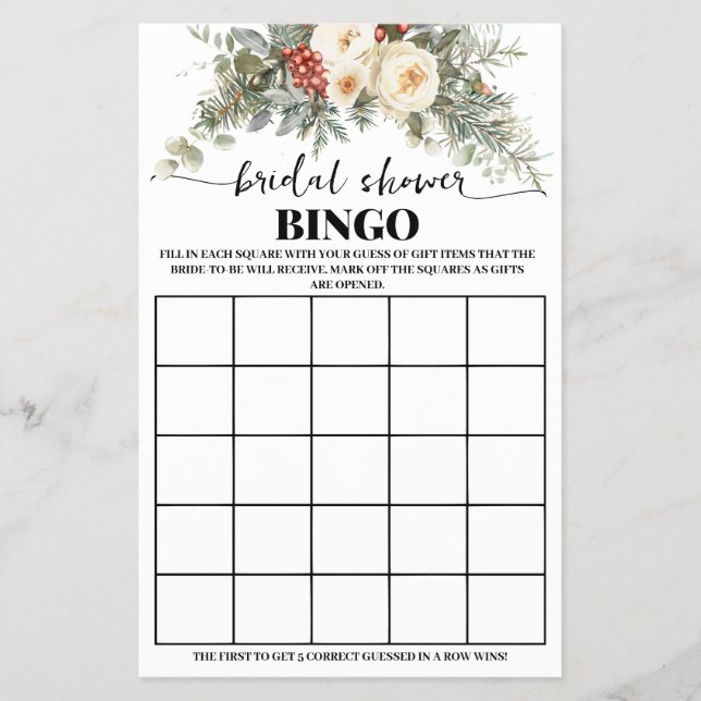 Winter White Floral Bridal Shower Bingo Game Card Flyer (Front)