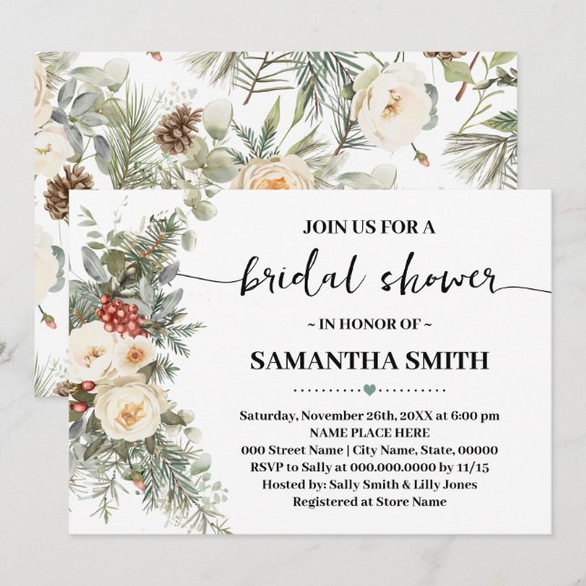 Winter White Floral Bridal Shower Invitation (Front/Back)
