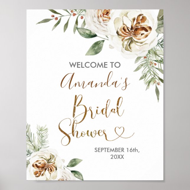 Winter White Floral Bridal Shower Welcome Poster (Front)