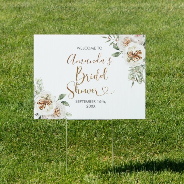 Winter White Floral Bridal Shower Welcome Sign (Insitu)