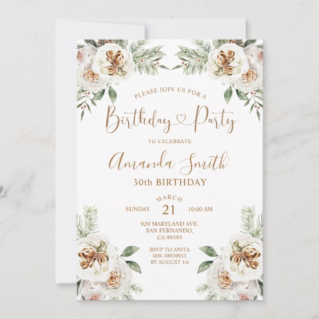 Winter White Floral Christmas Birthday Party Invitation (Front)