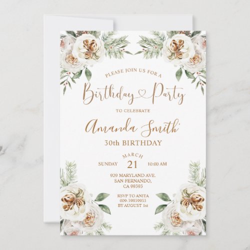 Winter White Floral Christmas Birthday Party Invitation