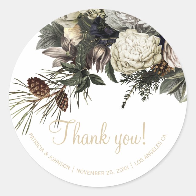 Winter white floral elegant thank you wedding classic round sticker (Front)