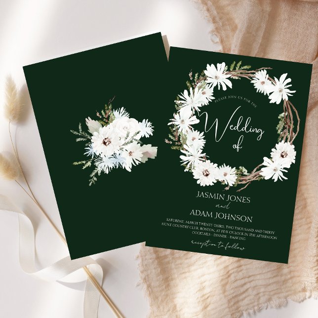 Winter White Floral Green Christmas Wreath Wedding Invitation (Winter White Floral Green Christmas Wreath Wedding Invitation)