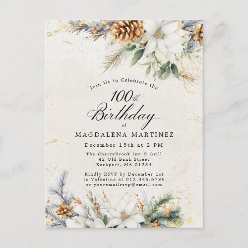 Winter White Floral Greenery 100th Birthday Invitation Postcard