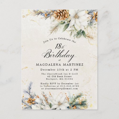 Winter White Floral Greenery 18th Birthday Invitation Postcard