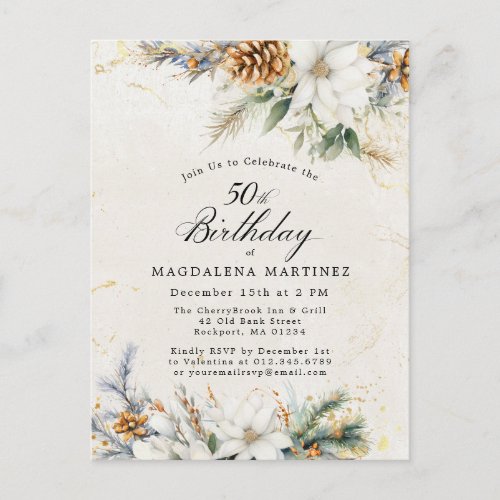 Winter White Floral Greenery 50th Birthday Invitation Postcard