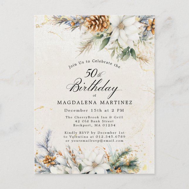 Winter White Floral Greenery 50th Birthday Invitation Postcard (Front)
