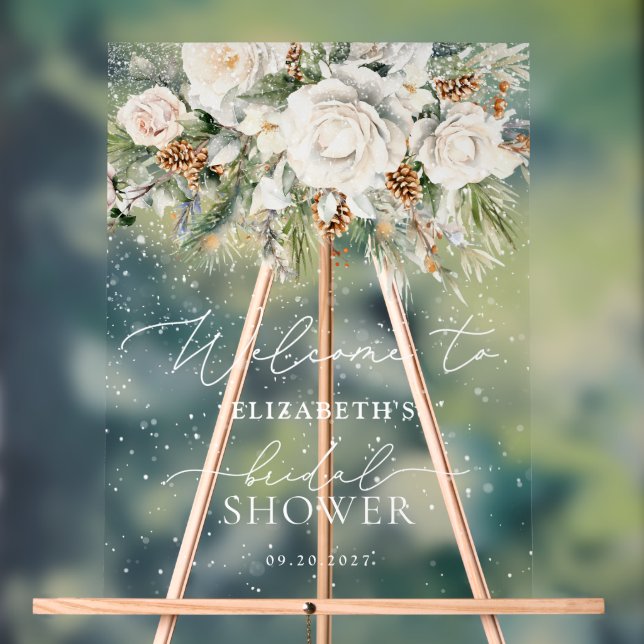 Winter White Floral Greenery Bridal Shower Welcome Acrylic Sign (Neutral)
