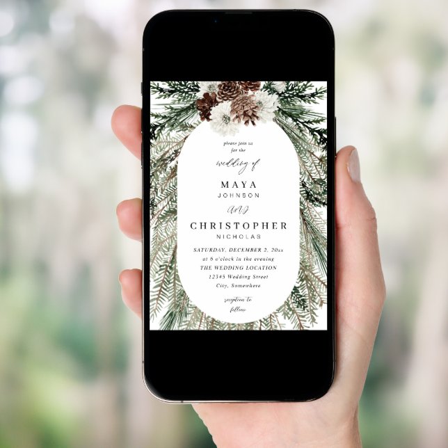 Winter White Floral & Pine 2 Wedding Invitation (Front Digital)