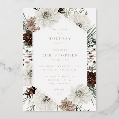 Winter White Floral  Pine Christmas or Holiday Foil Invitation