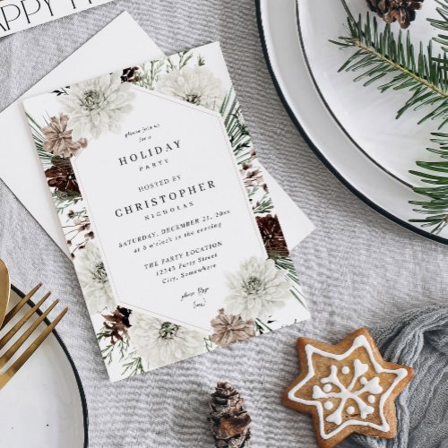 Winter White Floral  Pine Christmas or Holiday Invitation