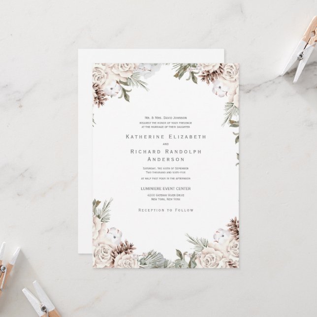 Winter White Floral Pine Cone One Venue Wedding Invitation (Front/Back In Situ)