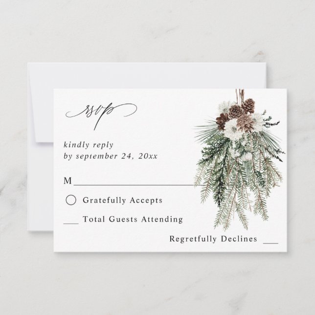 Winter White Floral & Pine no Meal RSVP (Front)