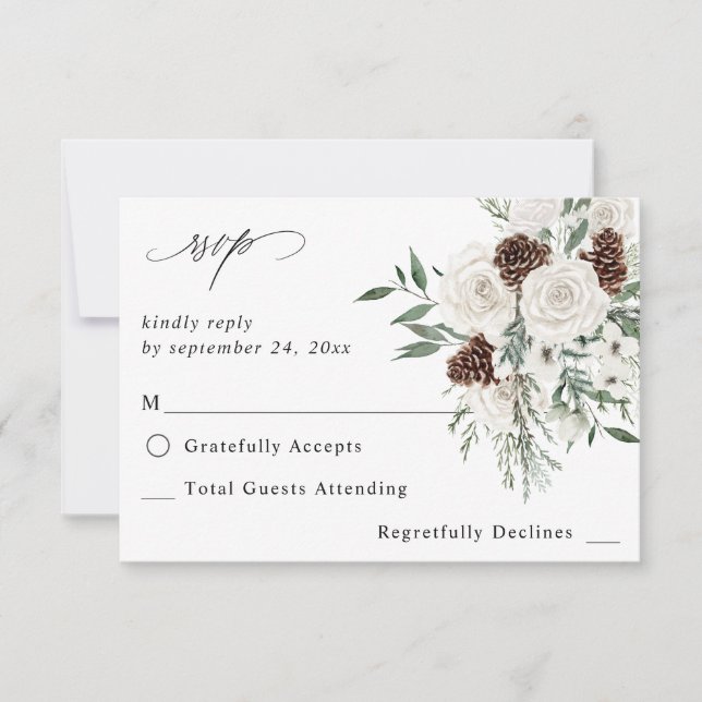 Winter White Floral & Pine no Meal RSVP 2 Card (Front)