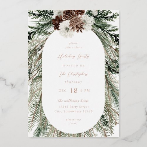 Winter White Floral  Pine Tree Christmas Foil Invitation