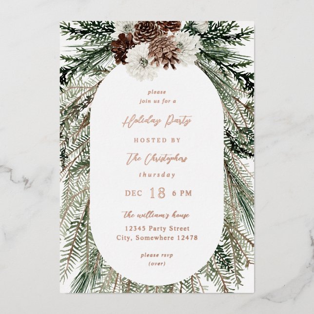 Winter White Floral & Pine Tree Christmas Foil Invitation (Front)
