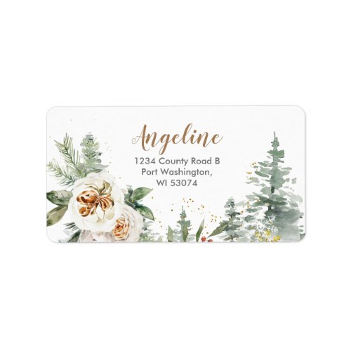 Winter White Floral Pine Trees Address Label