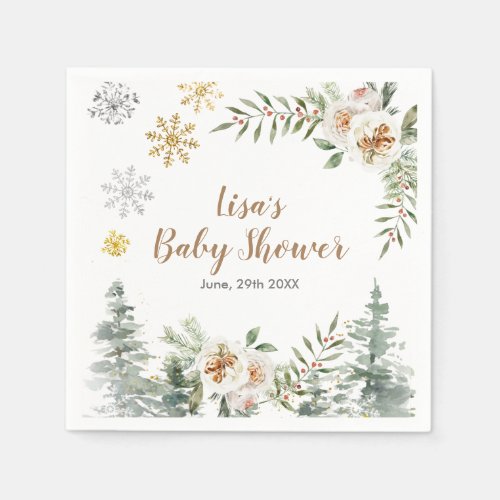 Winter White Floral Pine Trees Baby shower Napkin