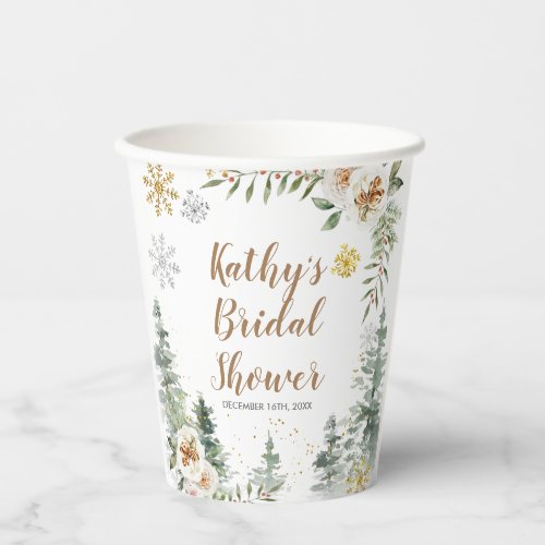 Winter White Floral Pine Trees Baby Shower Paper Cups