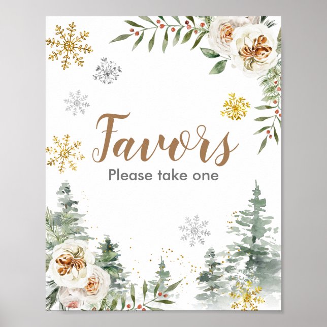 Winter White Floral Pine Trees Favor Sign (Front)