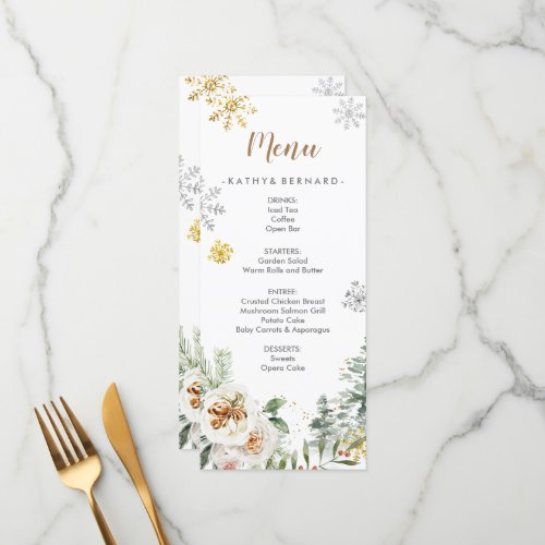 Winter White Floral Pine Trees Wedding Menu Card