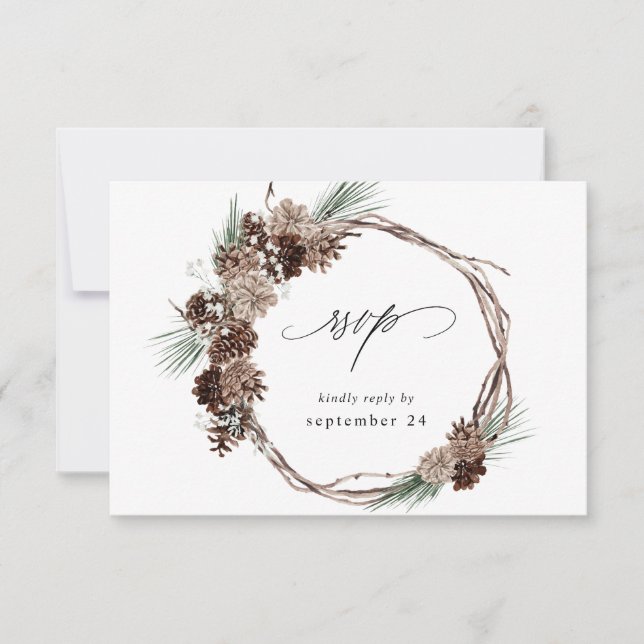 Winter White Floral & Pine w Meal RSVP 2 Card (Front)