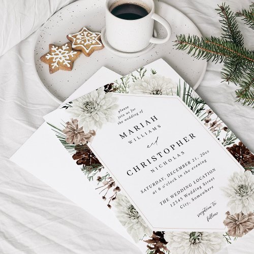 Winter White Floral  Pine Wedding Invitation