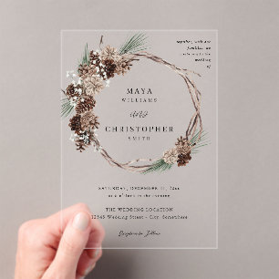 Winter White Floral & Pine Wedding Wreath Acrylic Invitations