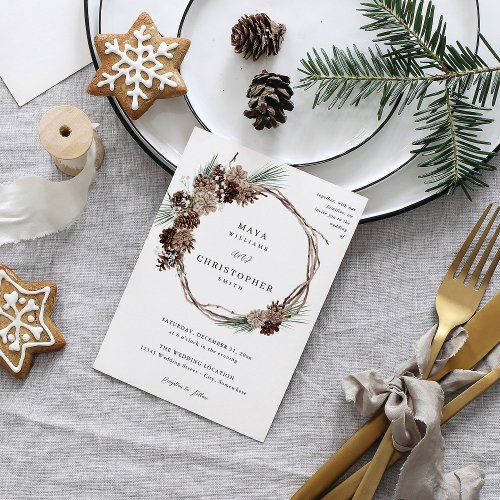 Winter White Floral  Pine Wedding Wreath Invitation
