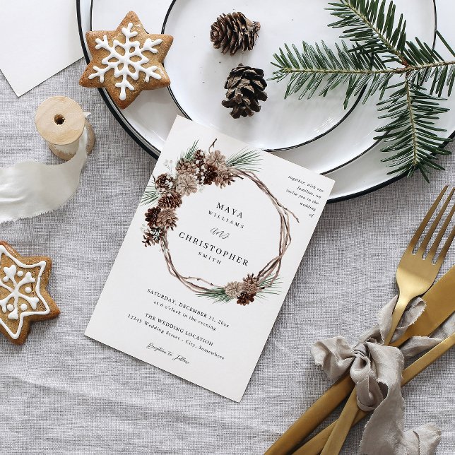 Winter White Floral & Pine Wedding Wreath Invitation (Creator Uploaded)