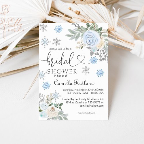 Winter White Floral Snowflake Bridal Shower Invitation