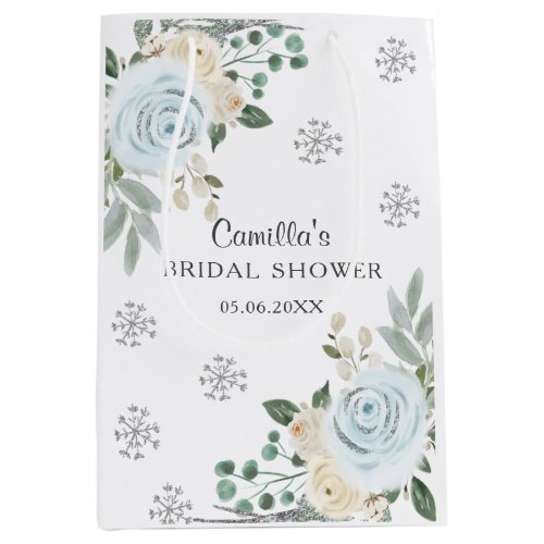 Winter White Floral Snowflake Bridal Shower Medium Gift Bag