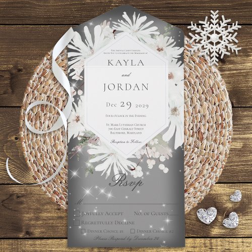 Winter White Floral Sparkle Gray Dinner All In One Invitation