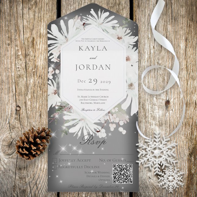 Winter White Floral Sparkle Gray QR Code All In One Invitation (Creator Uploaded)