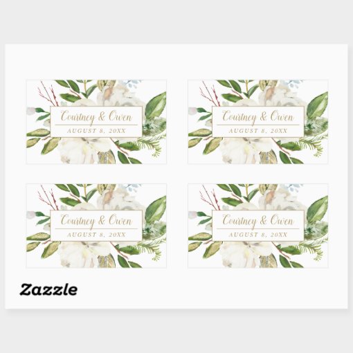 Winter White Floral Wedding Monogram Rectangular Sticker | Zazzle