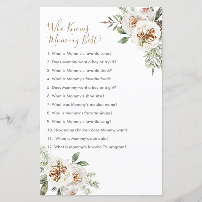 Winter White Floral Who Knows Mommy Best Game (Front)