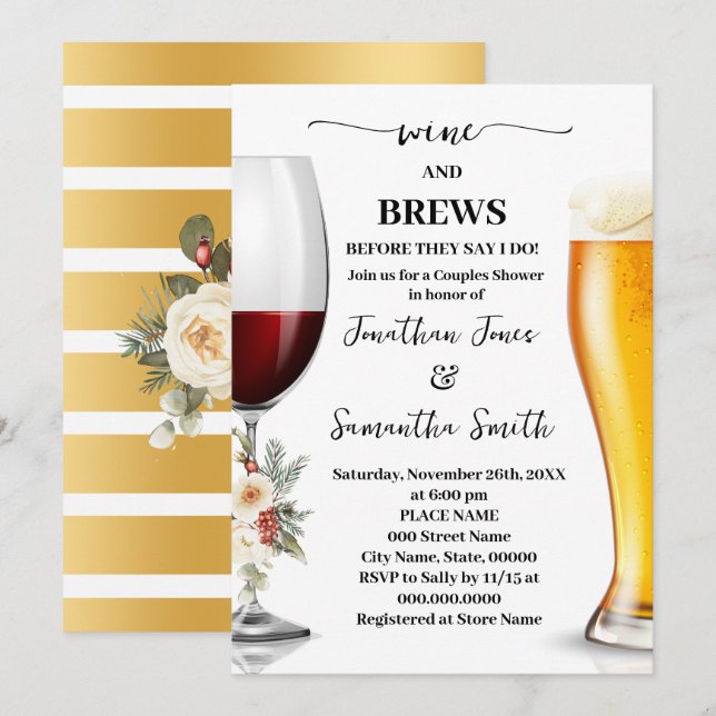 Winter White Floral Wine and Brews Couples Shower Invitation (Front/Back)