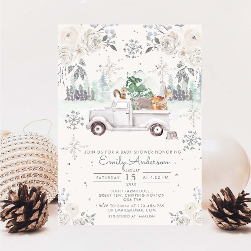 Winter White Floral Woodland Baby Shower Invitation