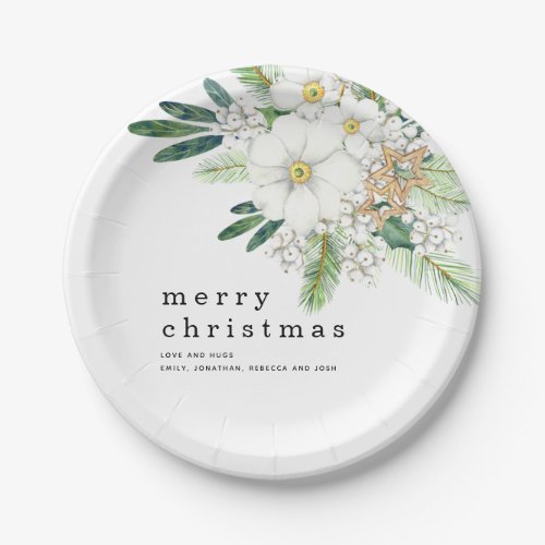 Winter White Florals Berries Names Merry Christmas Paper Plates