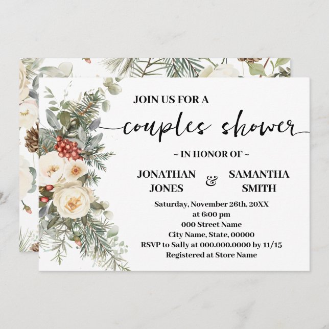 Winter White Flowers Couples Shower Invitation (Front/Back)