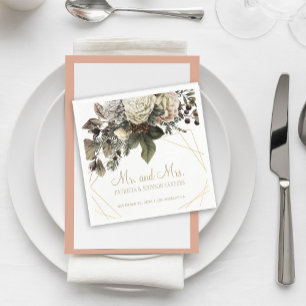 Winter white flowers Mr and Mrs script wedding Napkins