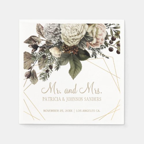 Winter white flowers Mr and Mrs script wedding Napkins