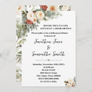Winter White Flowers Rehearsal Dinner Invitation