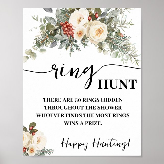 Winter White Flowers Ring Hunt Shower Game Sign (Front)