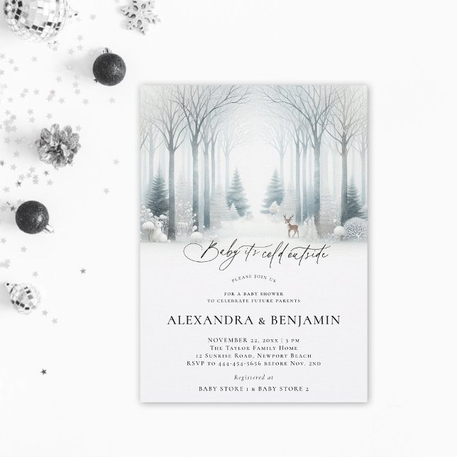 Winter White Forest Snow Coed Neutral Baby Shower Invitation (cold outside winter baby shower invitation neutral white wonderland enchanted forest woodland coed)