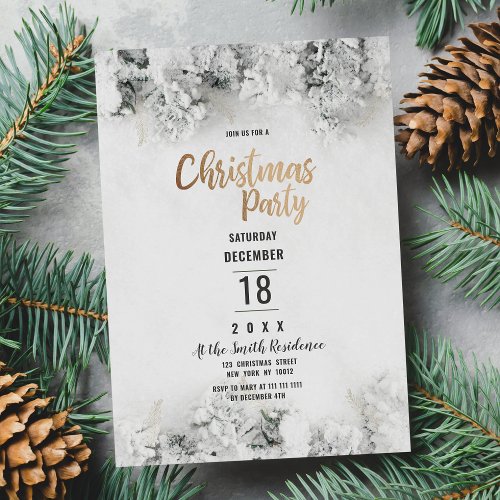Winter white gold gray snow leaves Christmas Party Invitation