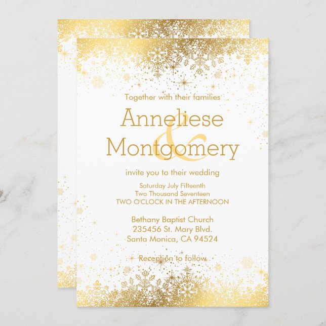 Winter White & Gold Snowflakes Wedding Invitation (Front/Back)
