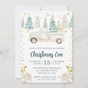 Winter White & Gold Truck Floral Christmas Eve Invitation