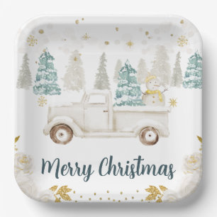 Winter White & Gold Truck Floral Merry Christmas Paper Plates